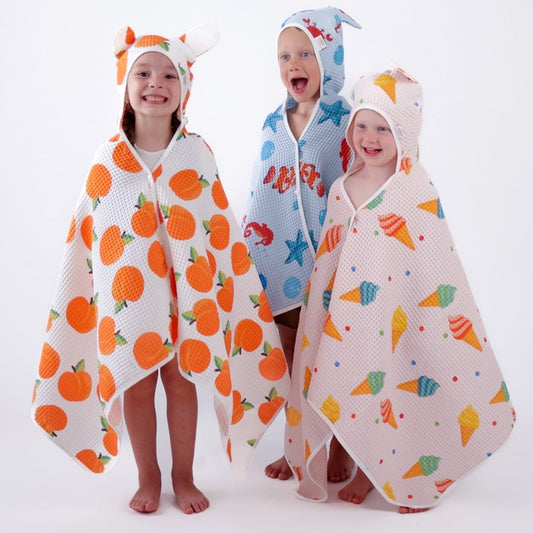 Toddler waffle hooded towel with press stud buttons & hair-drying pocket