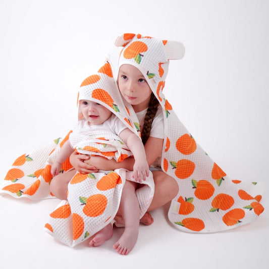 Baby & Toddler waffle cotton hooded bath towels with hair drying pocket